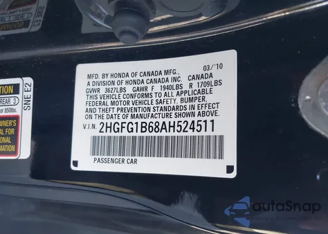 2010 Honda Civic Lx from USA, damaged, VIN 2HGFG1B68AH524511